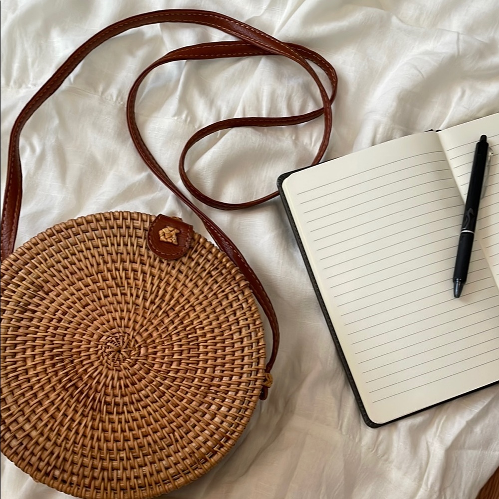 Round Woven Tan Crossbody Bag
